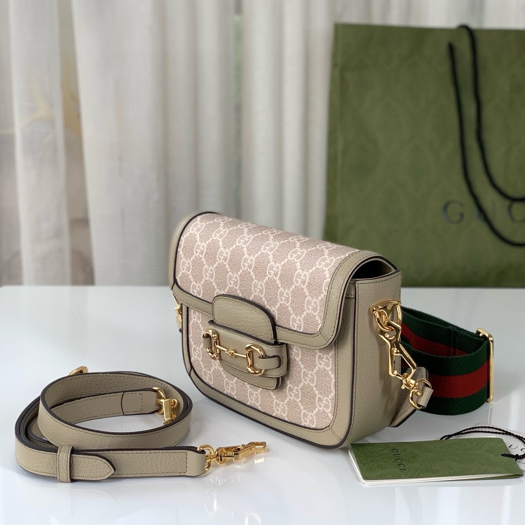 Gucci Horsebit 1955 Series Saddle Bag Mini Handbag Beige and White